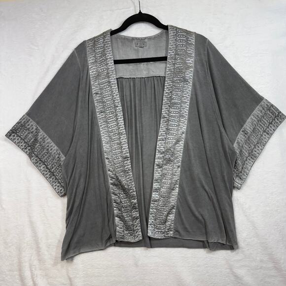 POL L Gray Boho Open Front Embroidered Kimono Cardigan Coastal Minimalist Hippie - Picture 1 of 9